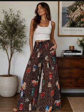 Brand New !! Wide-Leg Printed Palazzo Pants - Brown Multicolor